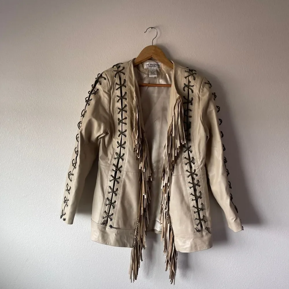 Vintage Lew Magram Collection White Fringe Western Pig Nappa Leather Jacket - Picture 1 of 12